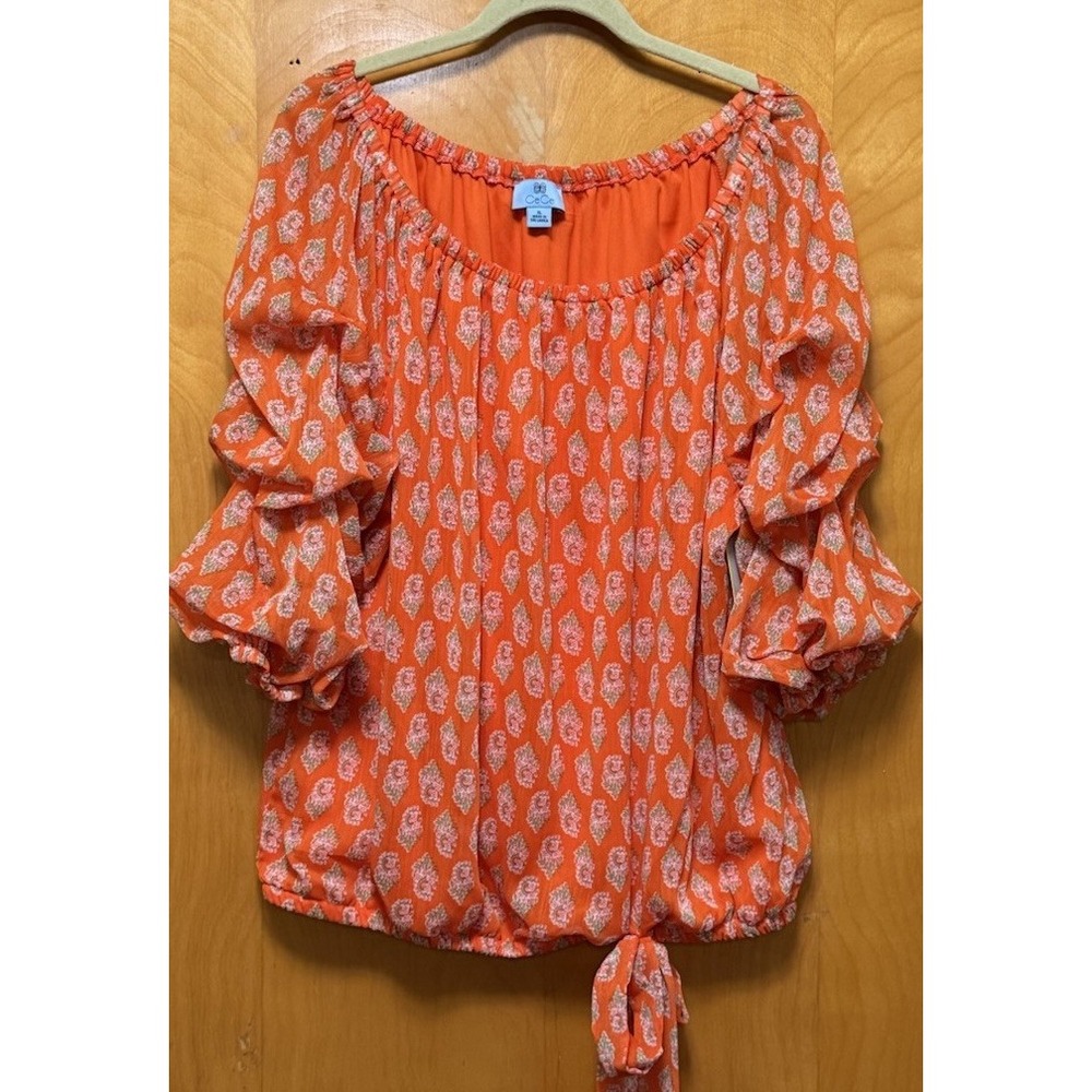 CeCe Off the Shoulder Boho Floral Chiffon Puffy Ruffled 3/4 Sleeve Orange Sz XL